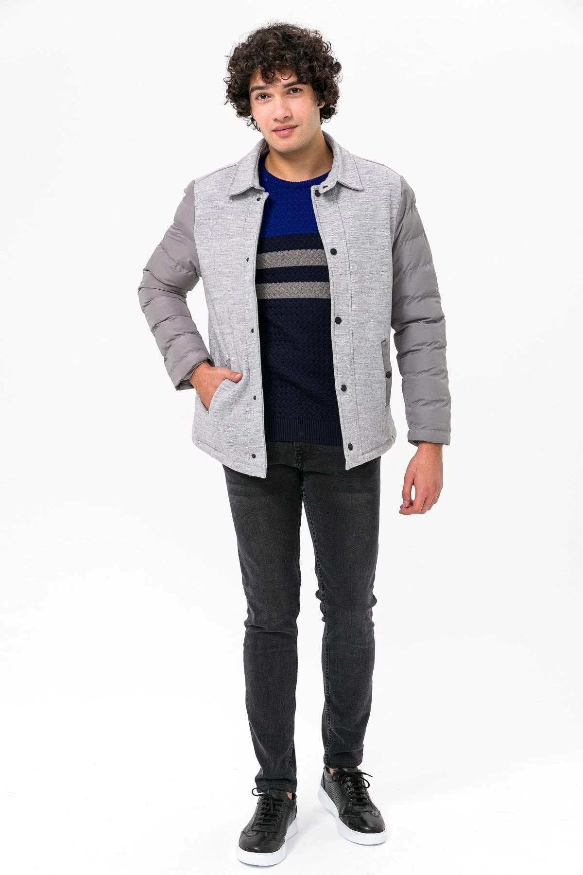 Yünlü Kapitone Gri Erkek Mont