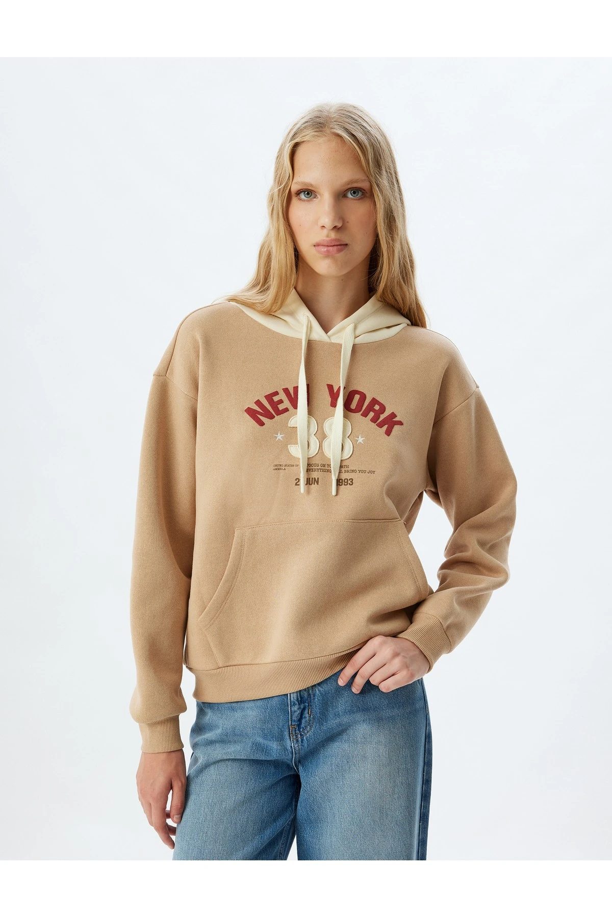 Şardonlu Kolej Sweatshirt Kapüşonlu Baskılı Kanguru Cepli Rahat Kalıp