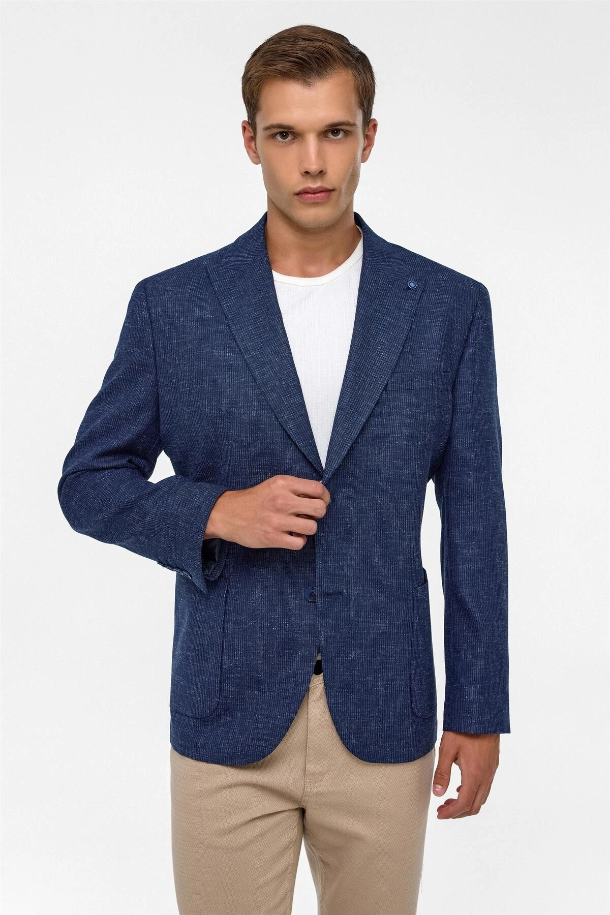 Lacivert Regular Desenli Sivri Yaka 4 Drop Ceket