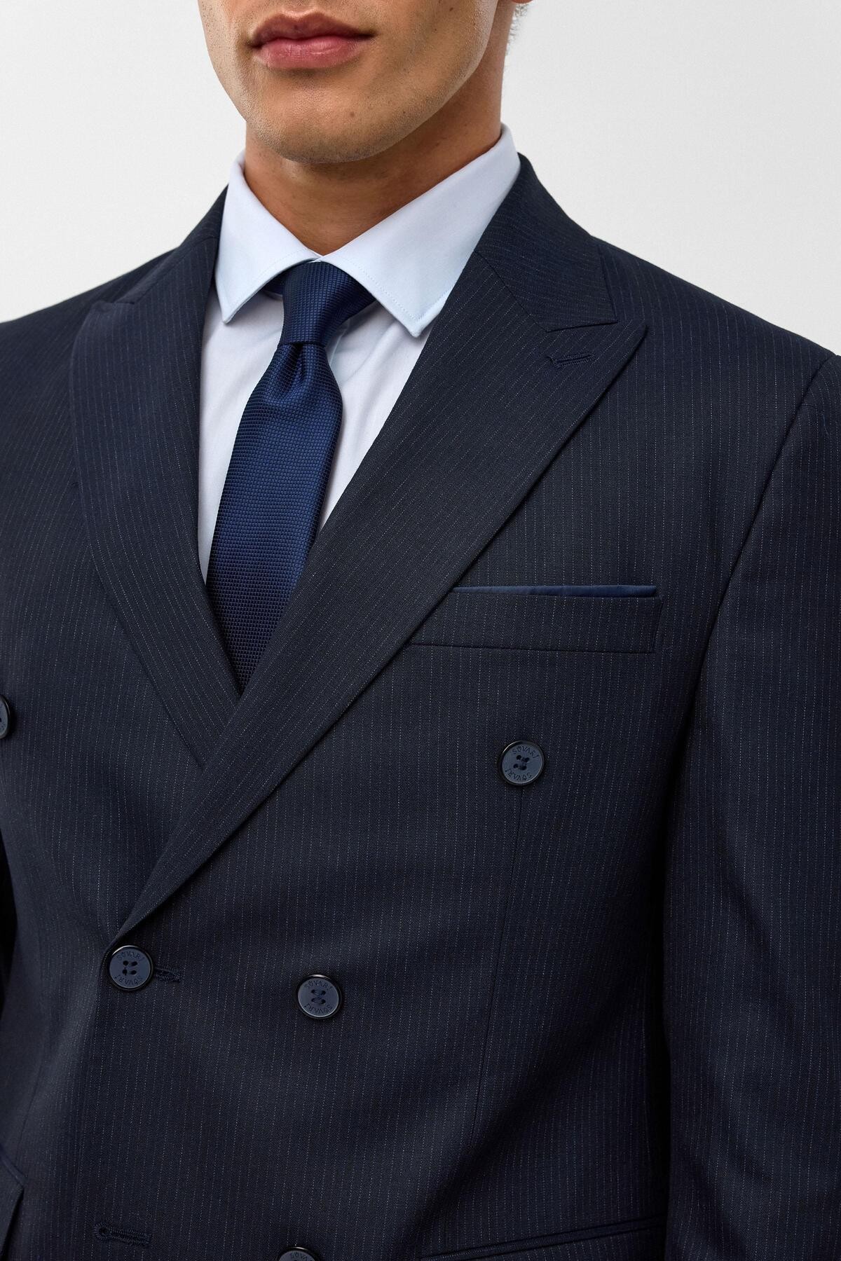 Lacivert Slim Fit Desenli Sivri Yaka 6 Drop Klasik Takım Elbise