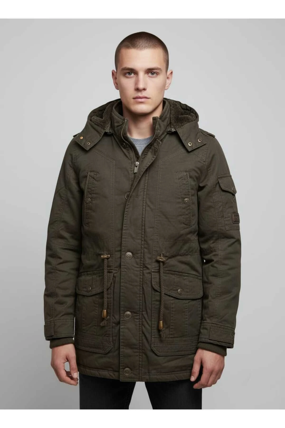 Erkek Kapüşonlu Kürk Astarlı Su Geçirmez Kaplamalı Kalın Kaban