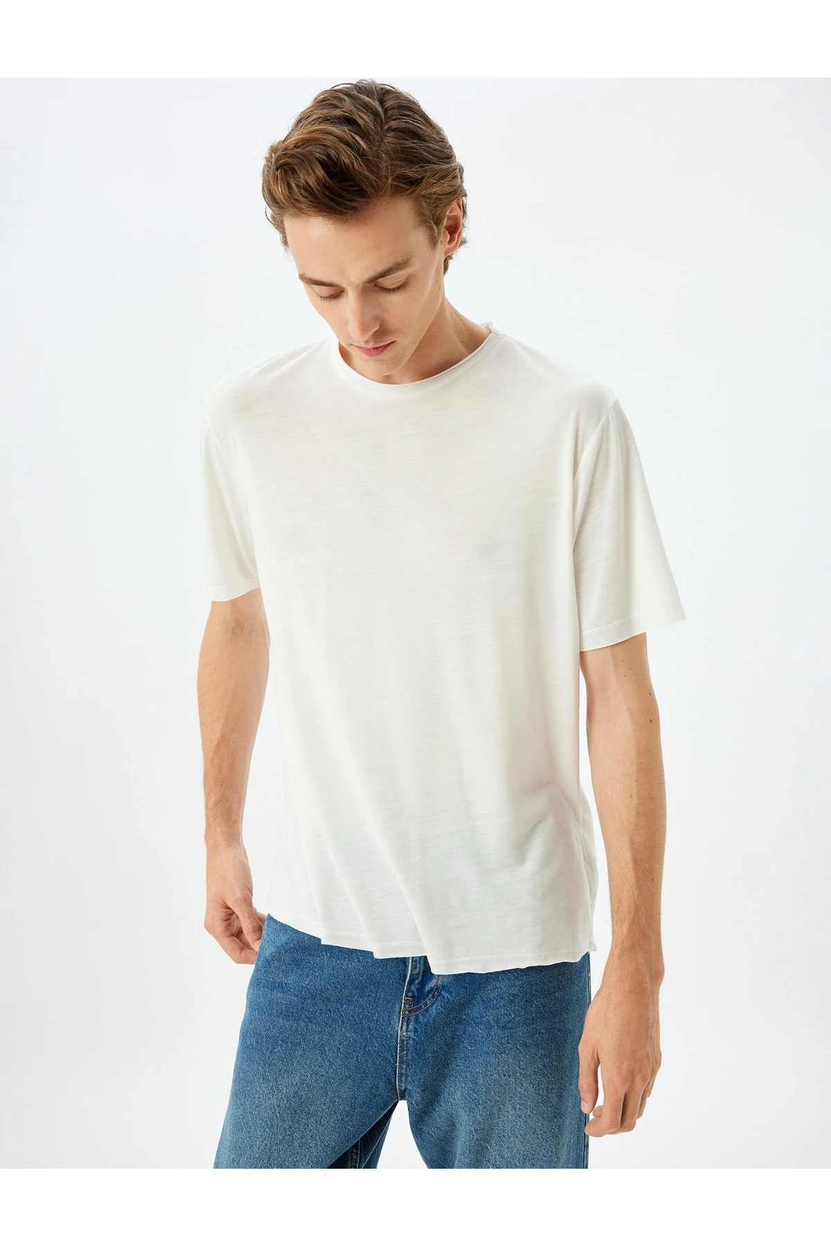 Kısa Kollu Bisiklet Yaka Viskon Karışımlı Beyaz Erkek T-Shirt 5SAM10032HK