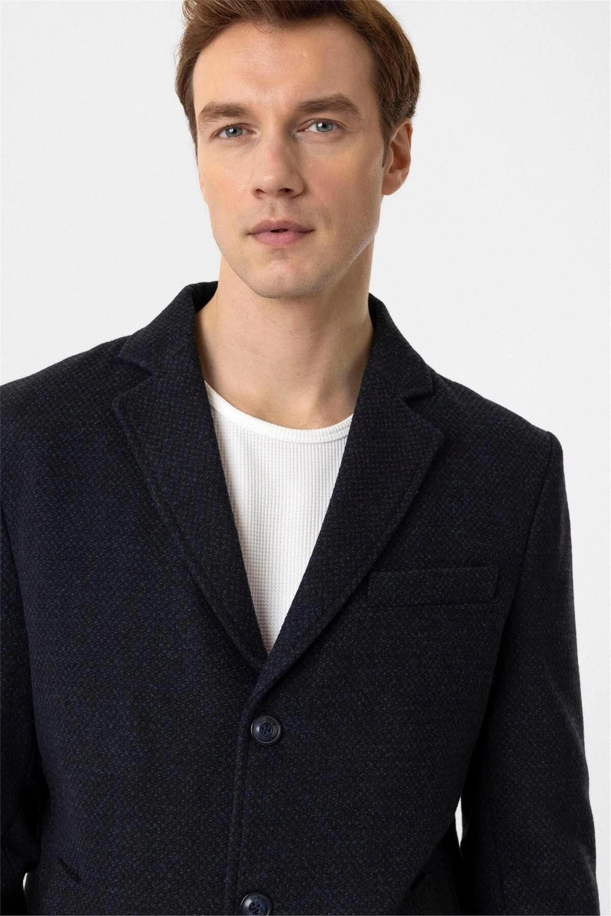 Lacivert Slim Desenli Mono Yaka Kaban