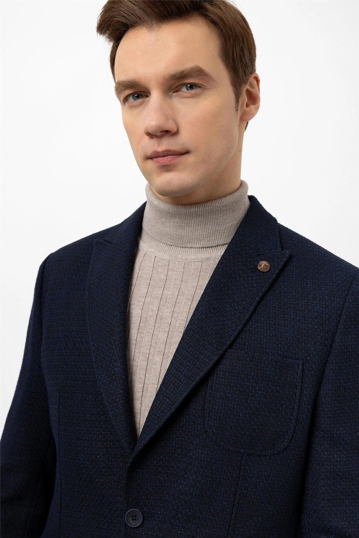 Lacivert Slim Fit Armürlü Sivri Yaka 6 Drop Ceket