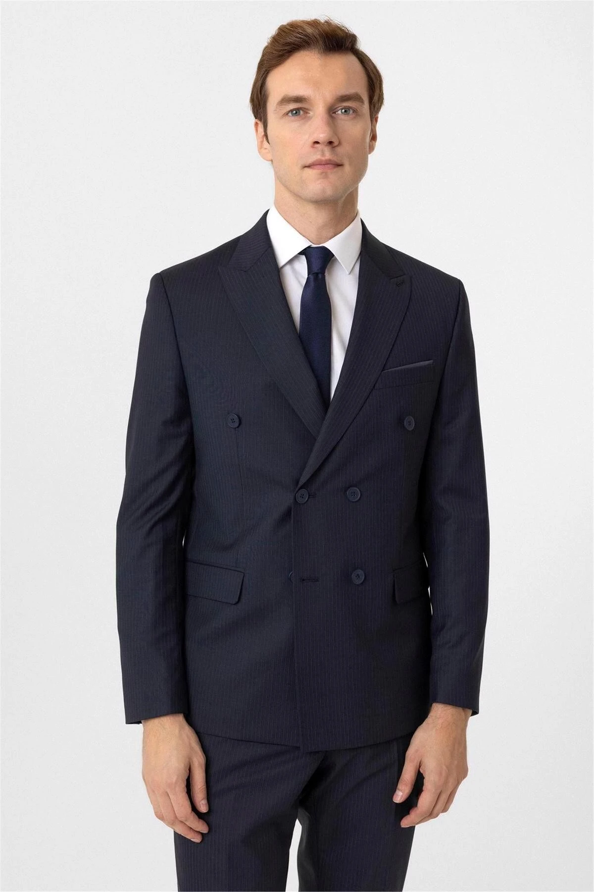 Lacivert Slim Fit Desenli Sivri Yaka 6 Drop Klasik Takım Elbise