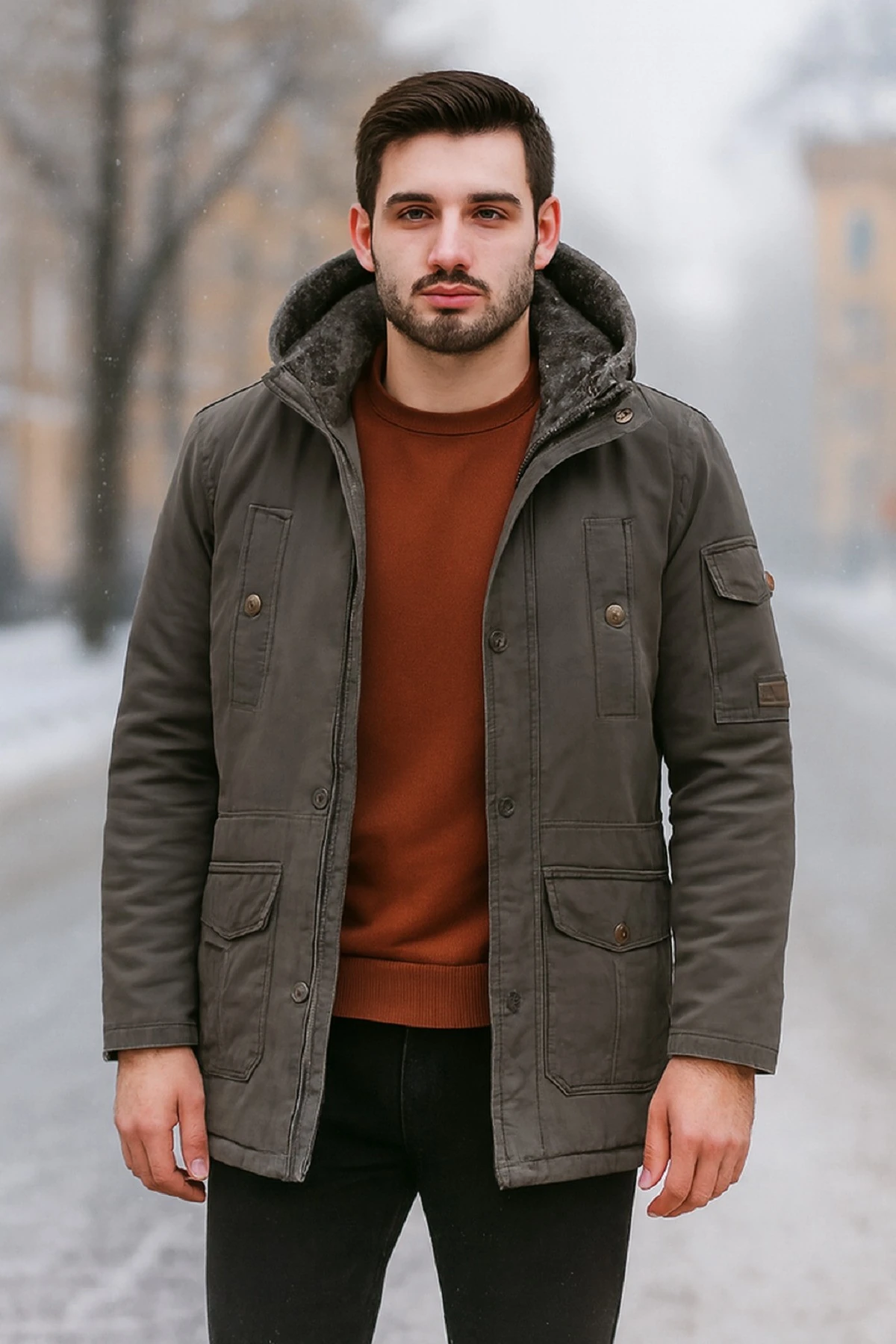 Erkek Haki Slim Fit Çıkarılabilir Kapüşonlu Kürk Astarlı Su Geçirmez Kaplamalı Kalın Kaban