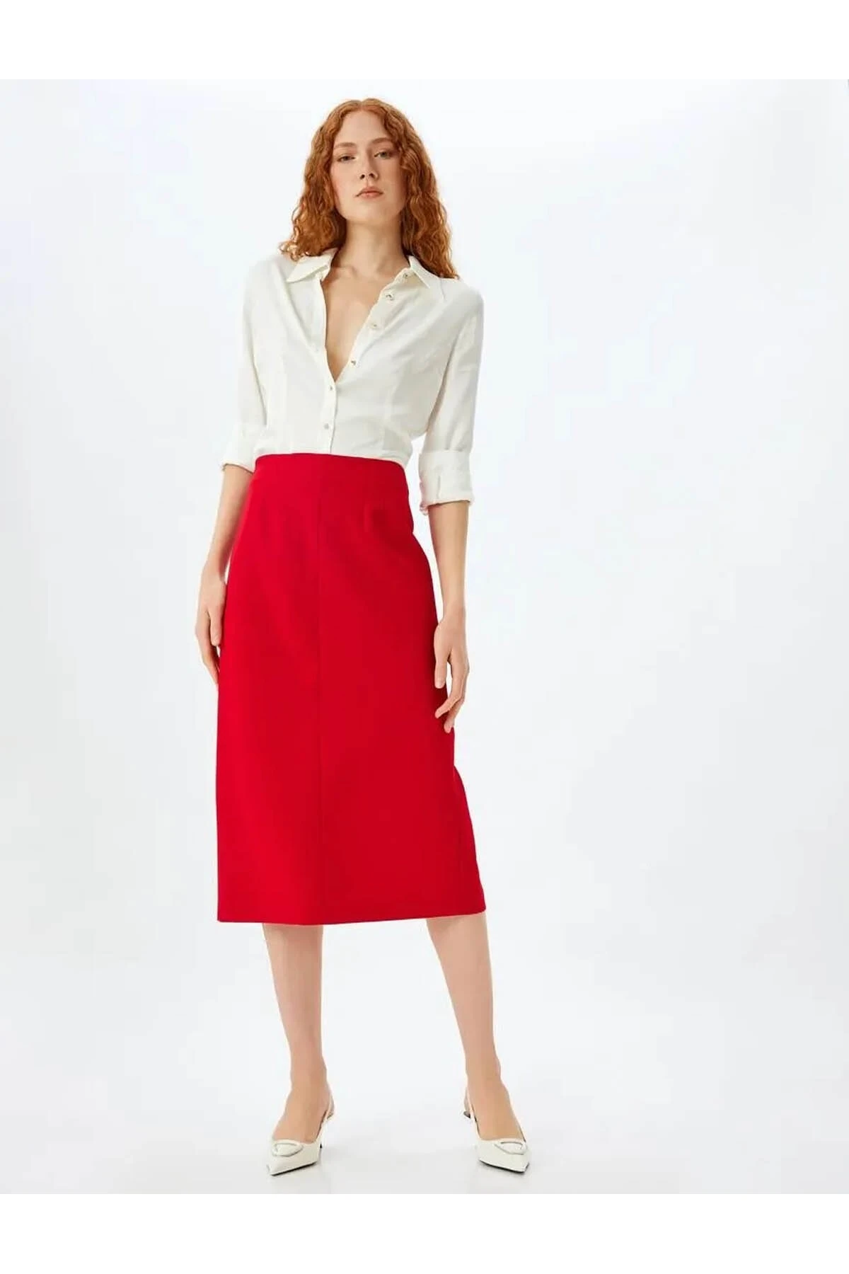 Arkadan Yırtmaç Detaylı Midi Boy A Kesim Etek