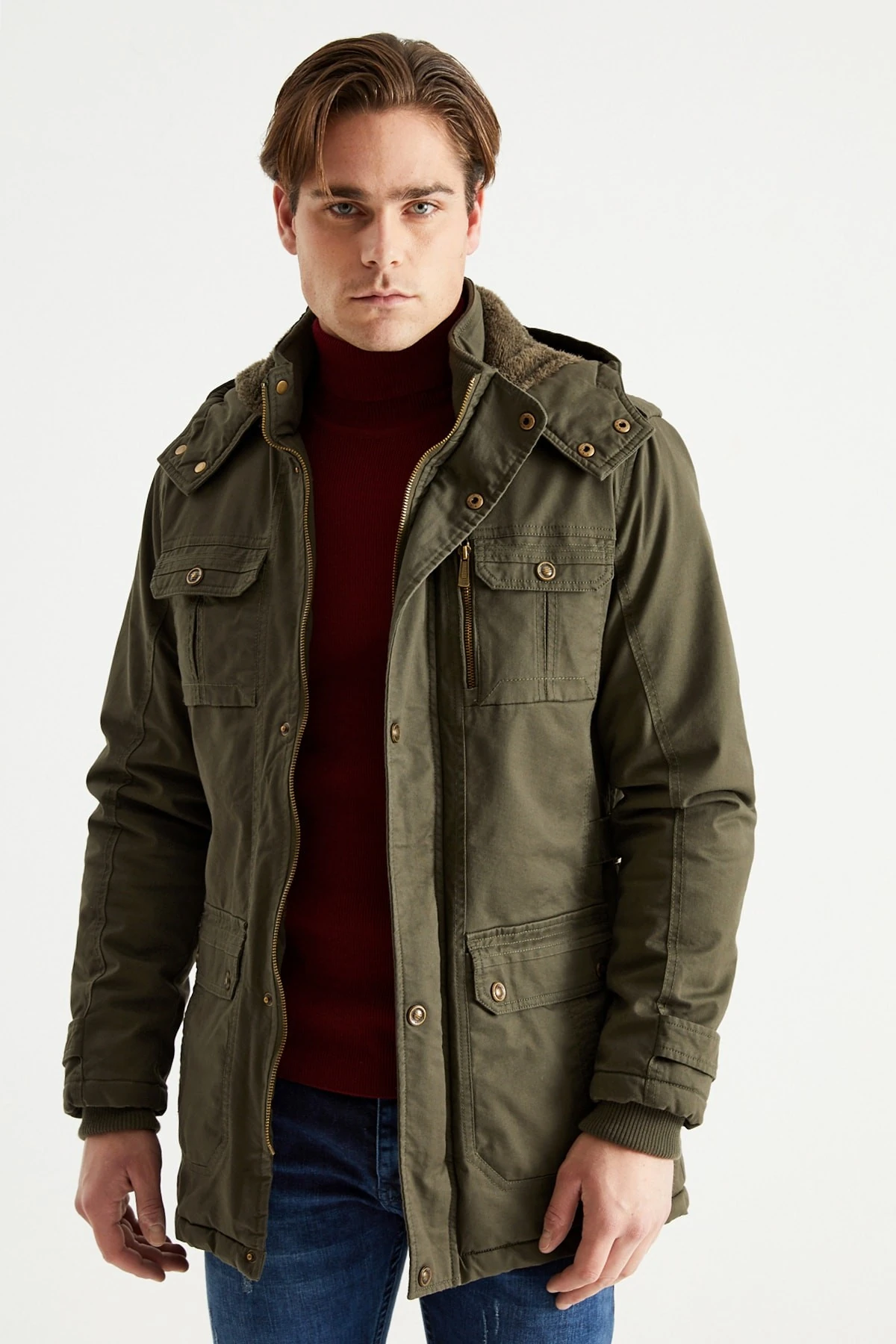 Erkek Askeri Yeşil Büyük Beden Kapüşonlu Kürk Astarlı Su Geçirmez Kalın Kaban