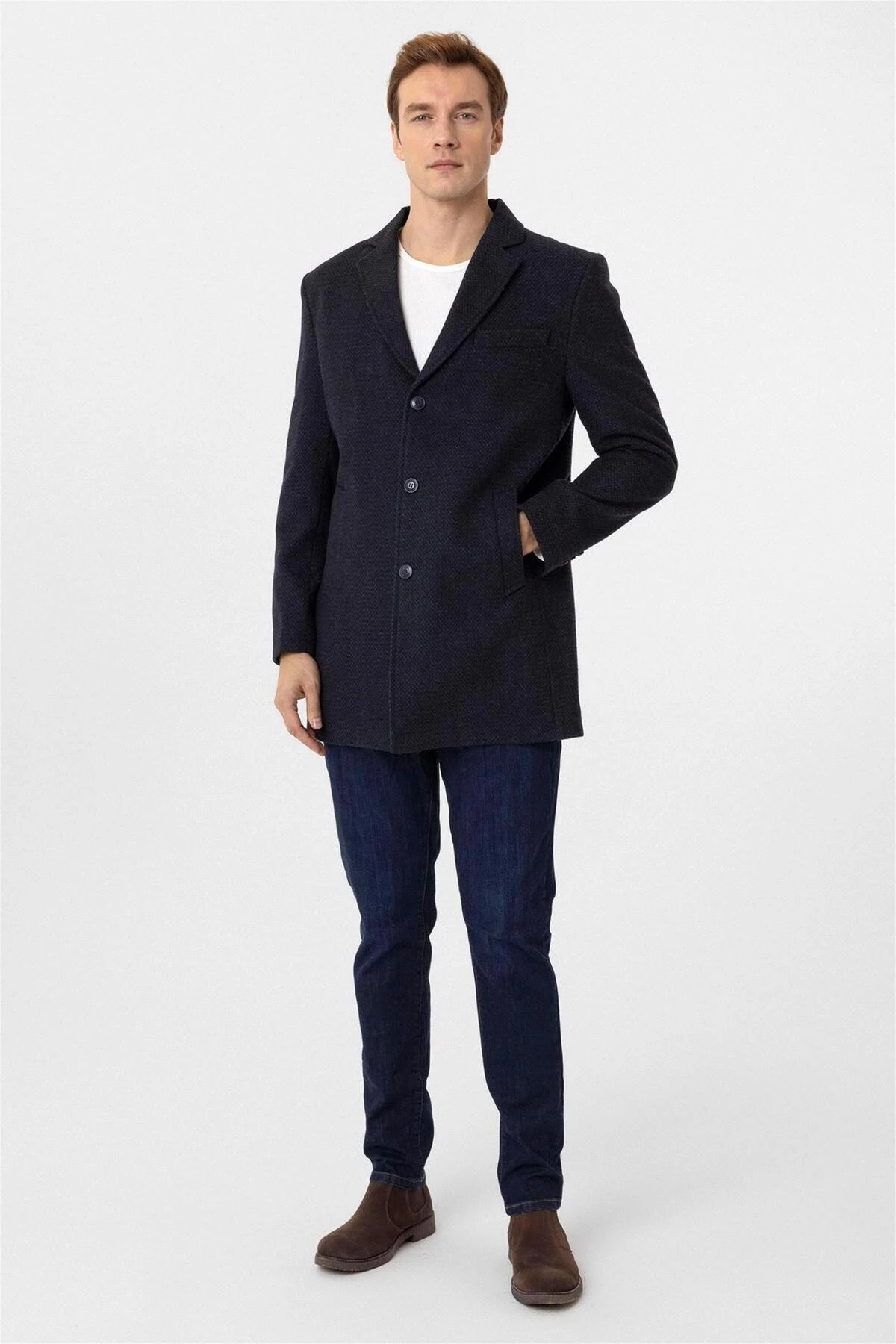 Lacivert Slim Desenli Mono Yaka Kaban