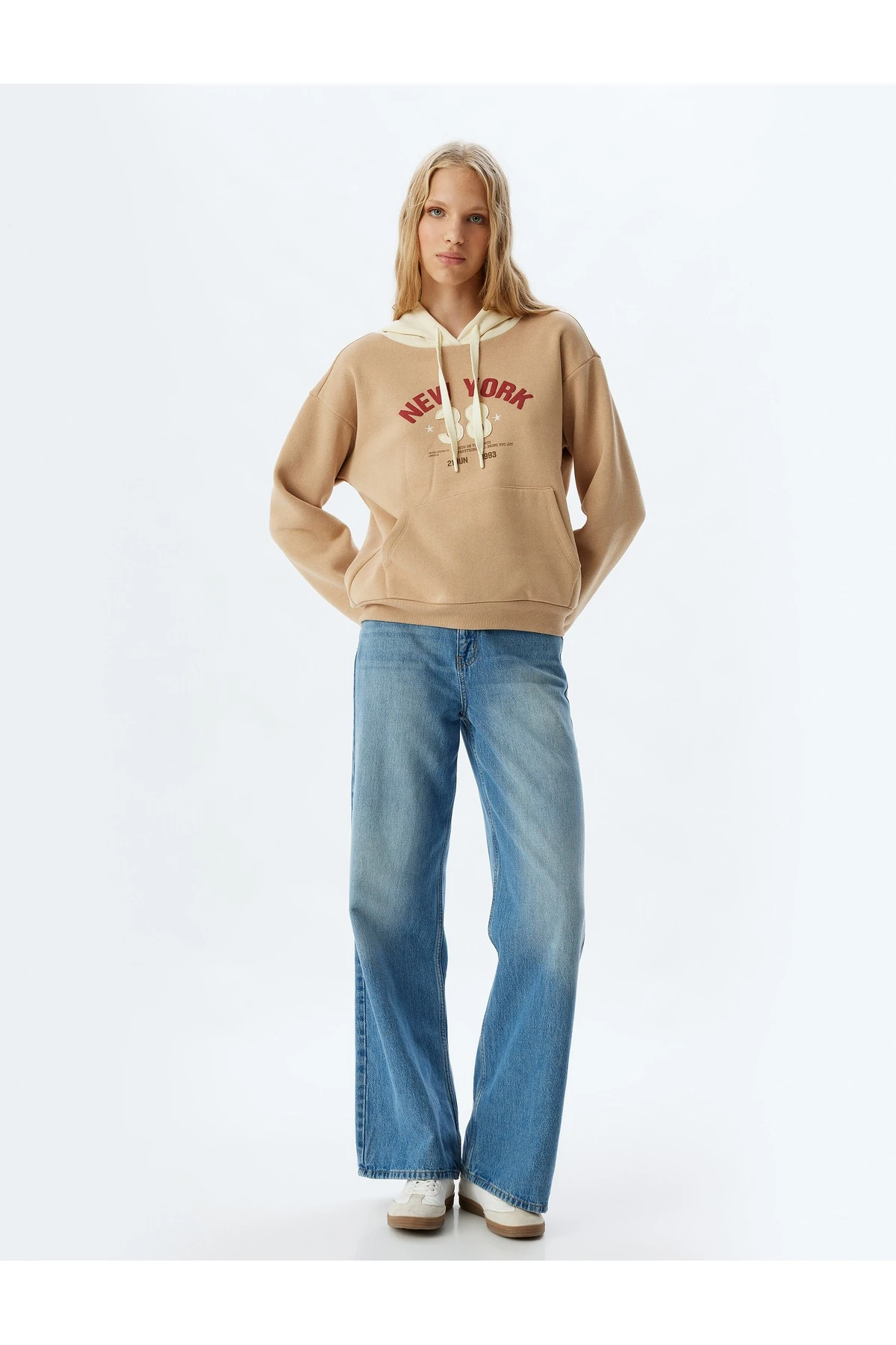 Şardonlu Kolej Sweatshirt Kapüşonlu Baskılı Kanguru Cepli Rahat Kalıp