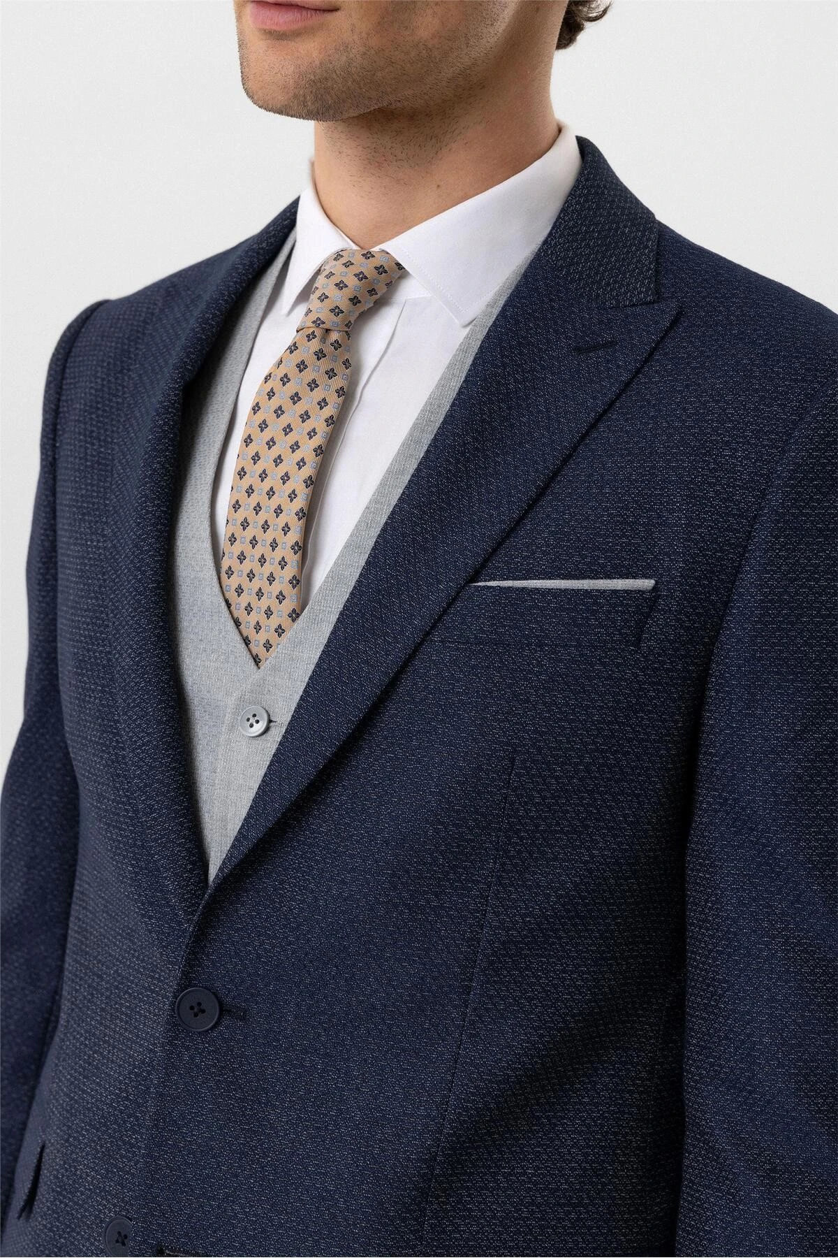 Lacivert Slim Fit Desenli Sivri Yaka 6 Drop Yelekli Klasik Takım Elbise