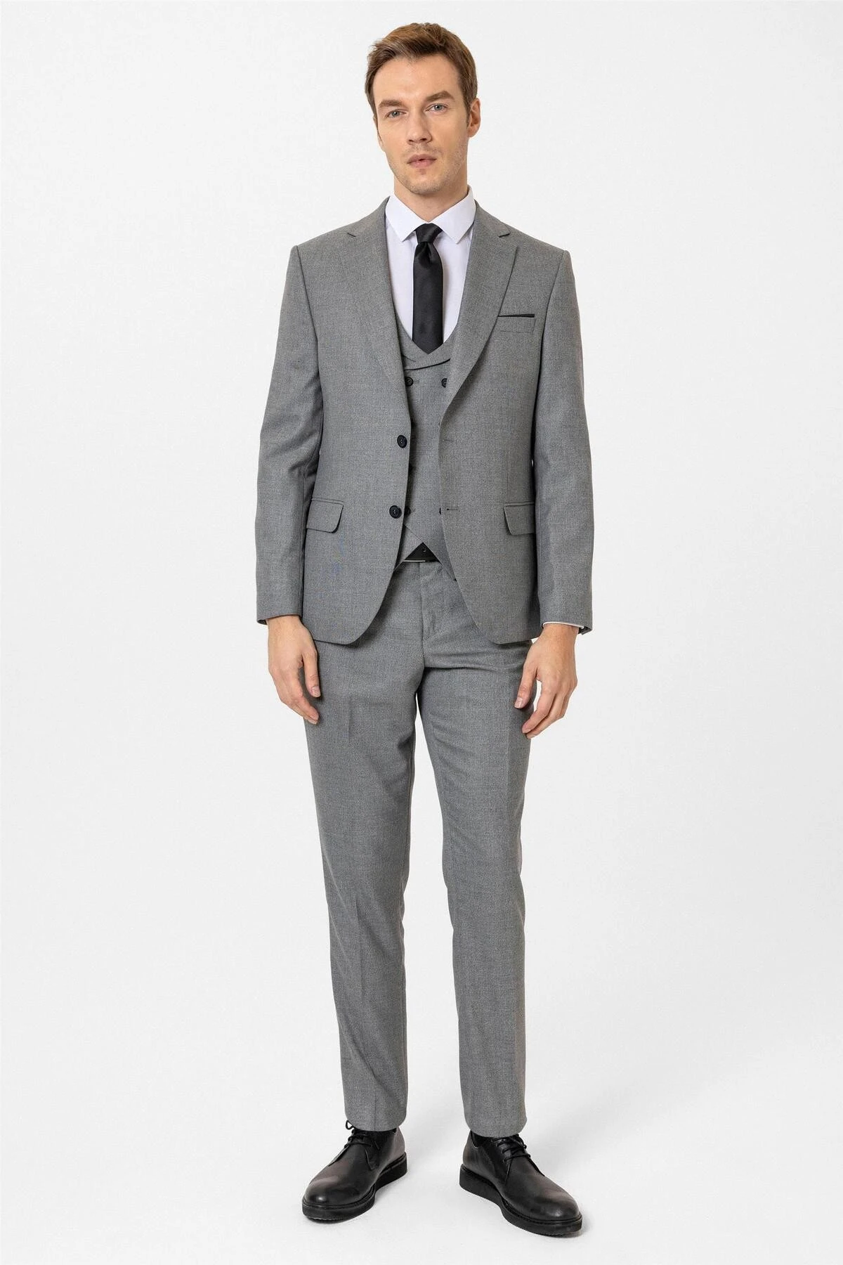 Antrasit Slim Fit Desenli Mono Yaka 6 Drop Yelekli Klasik Takım Elbise