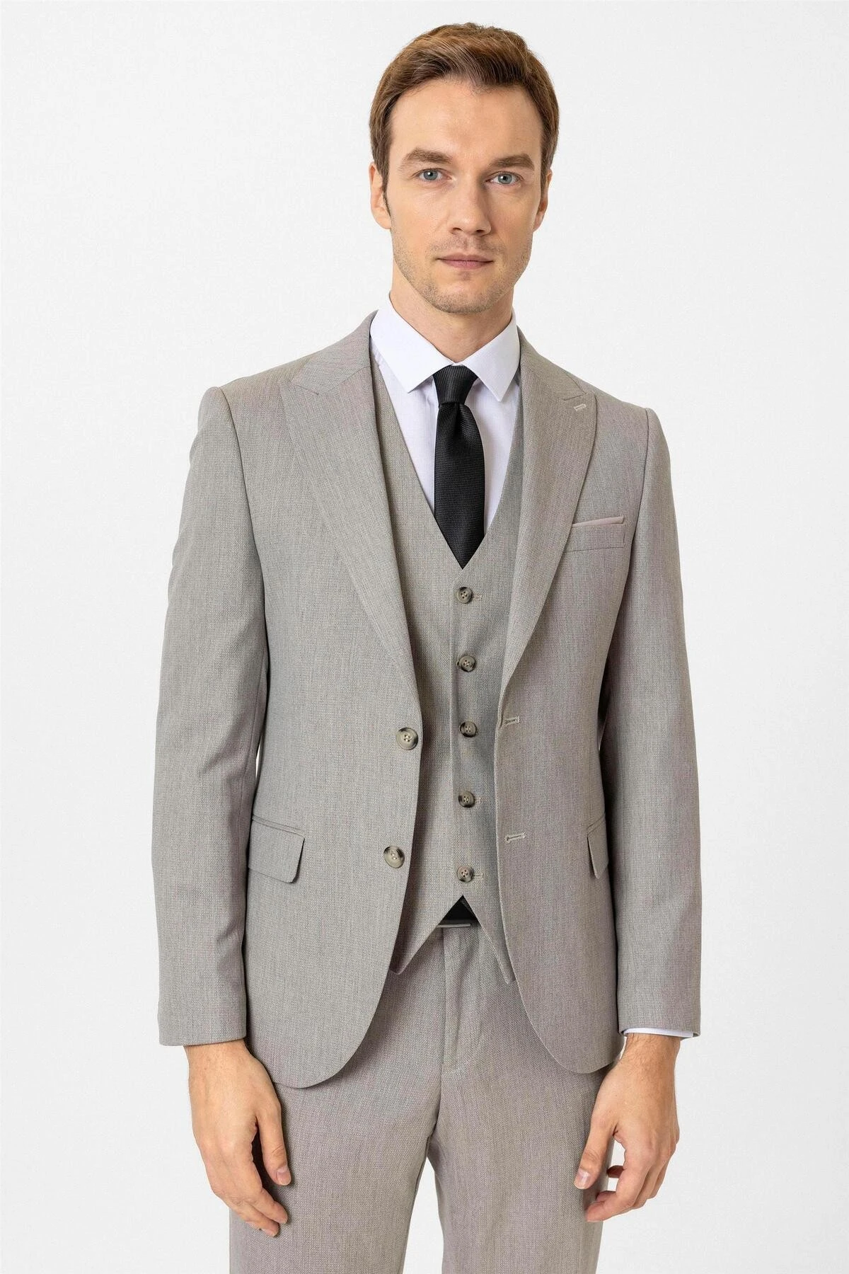 Ekru Slim Fit Desenli Sivri Yaka 6 Drop Yelekli Klasik Takım Elbise