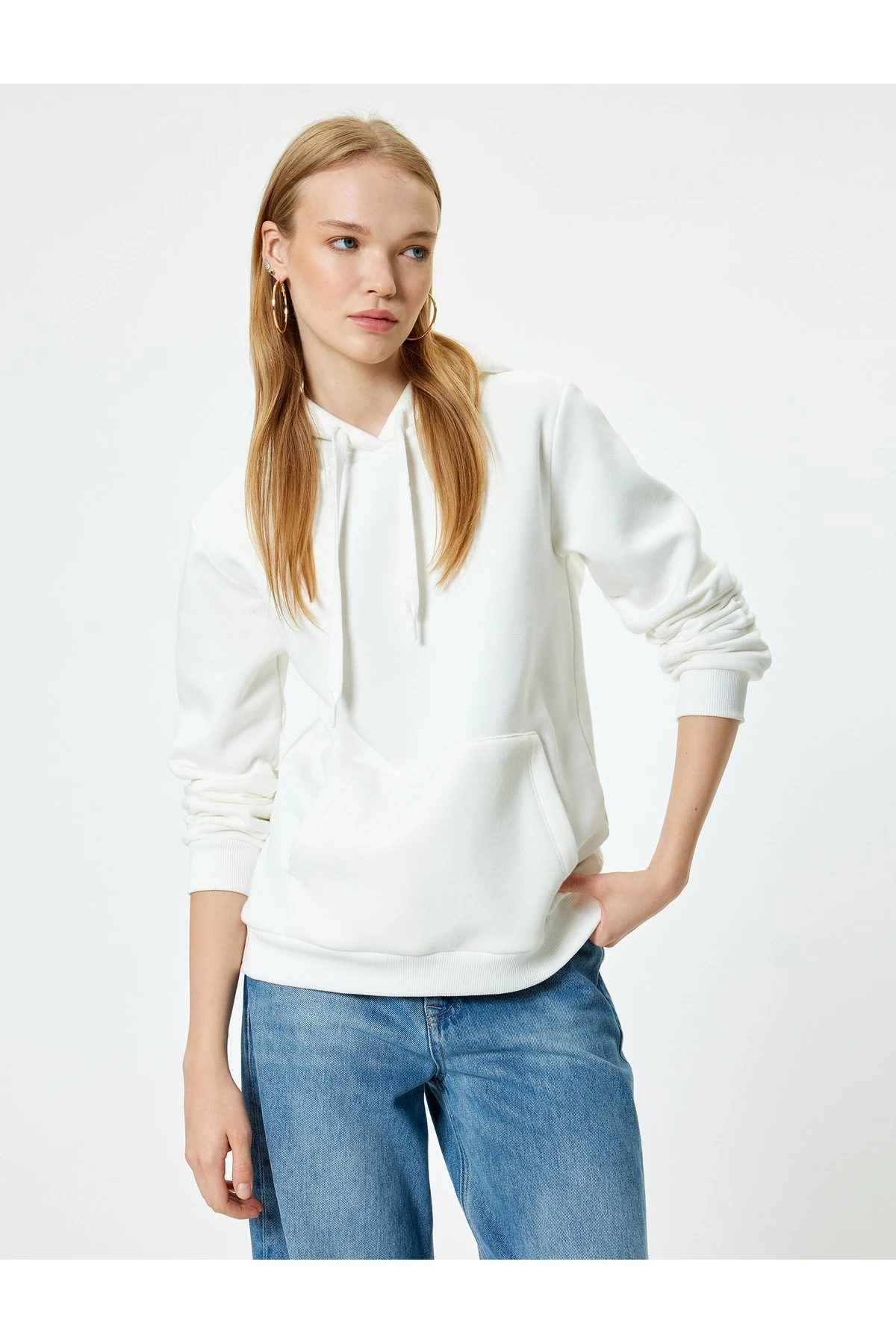 Şardonlu Basic Kapüşonlu Sweatshirt Kanguru Cepli Uzun Kollu