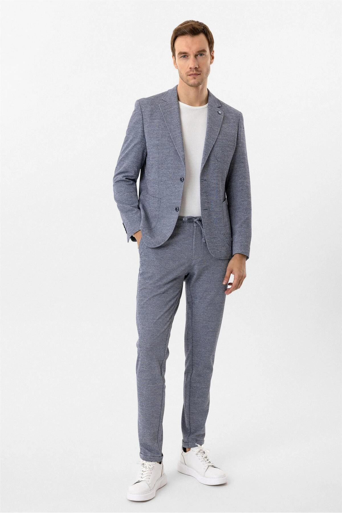 Parlament Mavi Slim Fit Desenli Mono Yaka 6 Drop Spor Takım Elbise