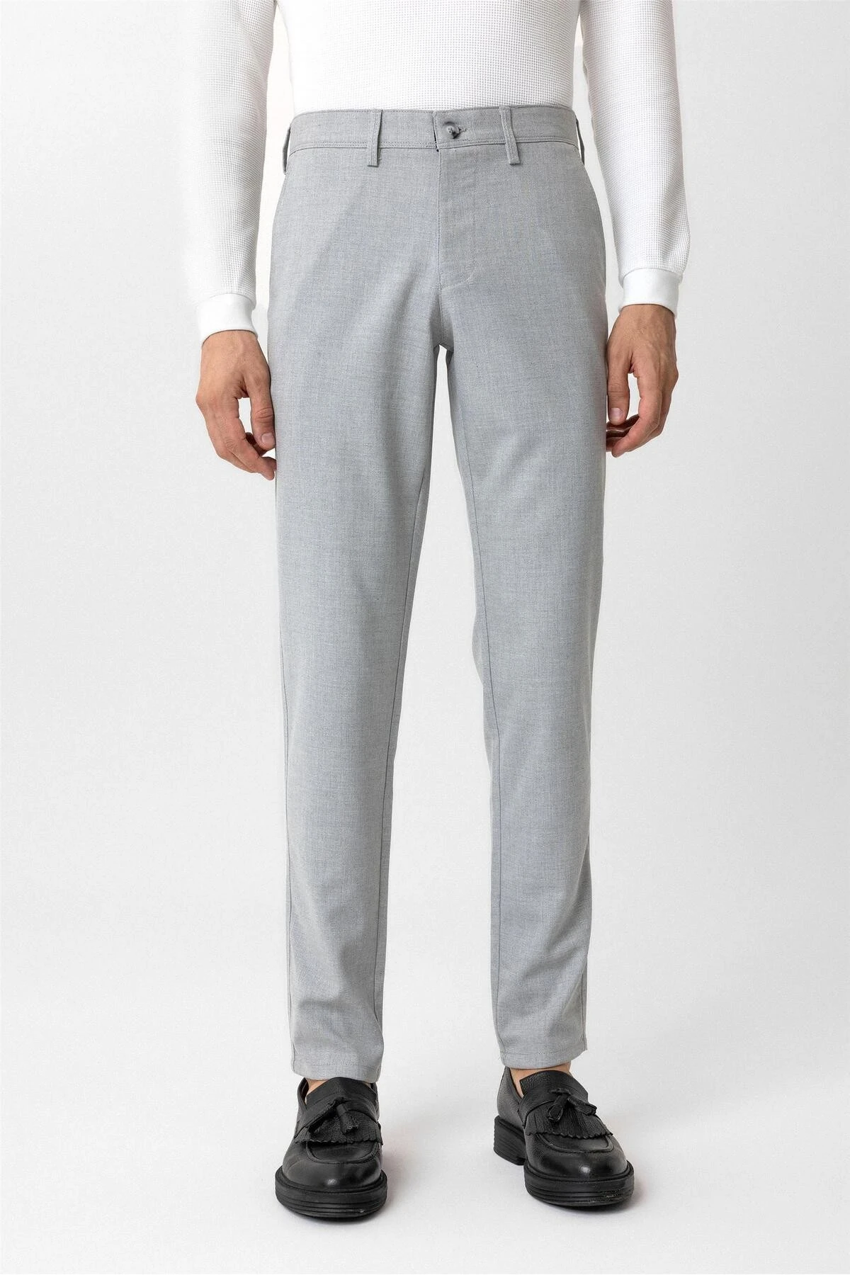 Süvari Dar Kalıp Armür Desenli Bej Keten Pantolon