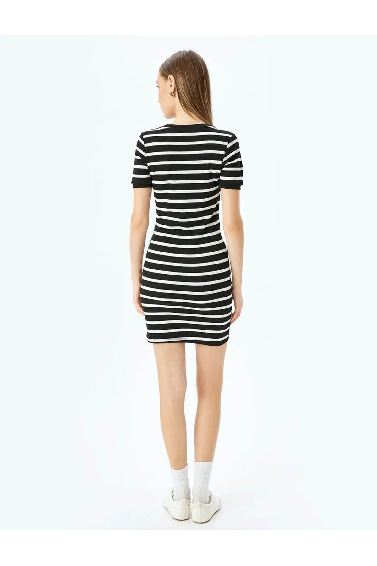 Bisiklet Yaka Kısa Kollu Fitilli Mini Bodycon Elbise