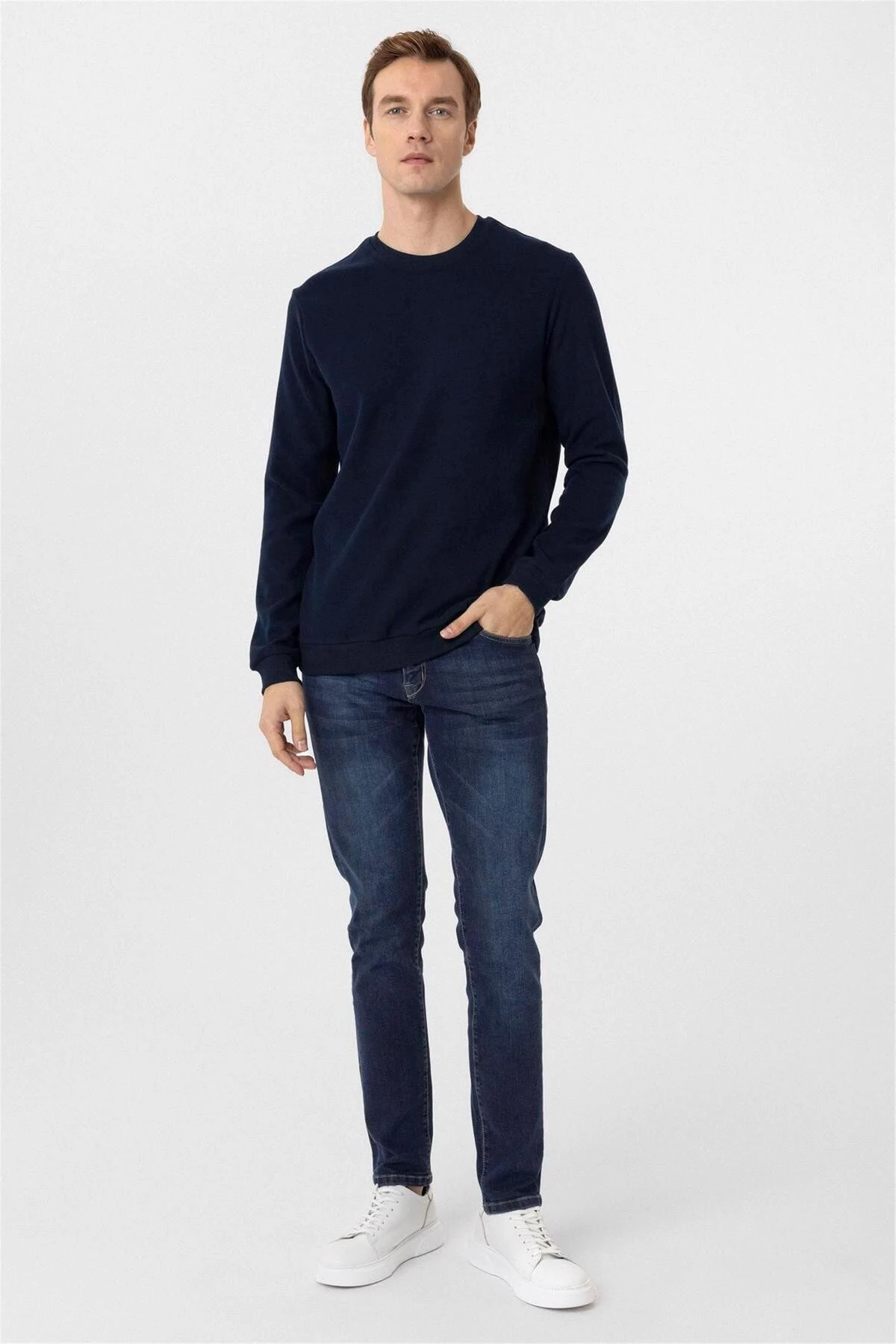 Lacivert Regular Düz Bisiklet Yaka Triko