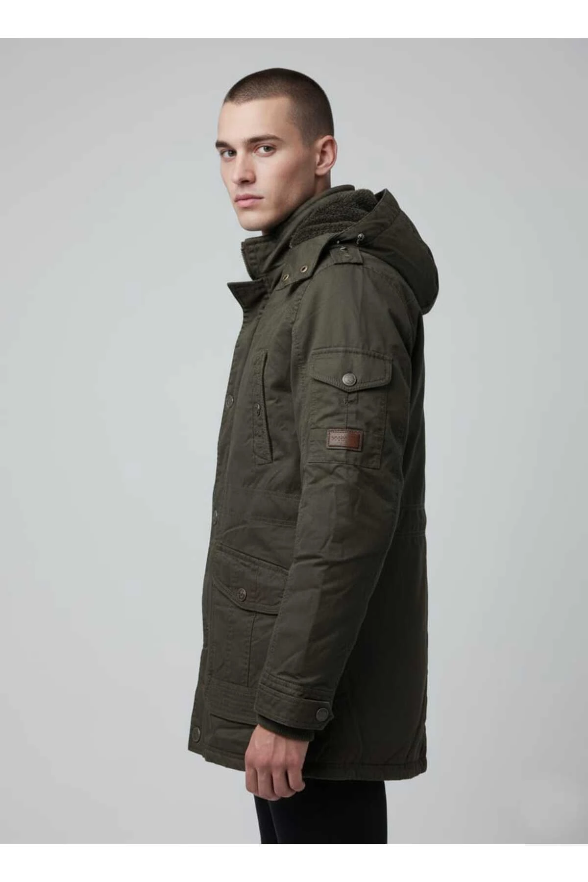 Erkek Kapüşonlu Kürk Astarlı Su Geçirmez Kaplamalı Kalın Kaban