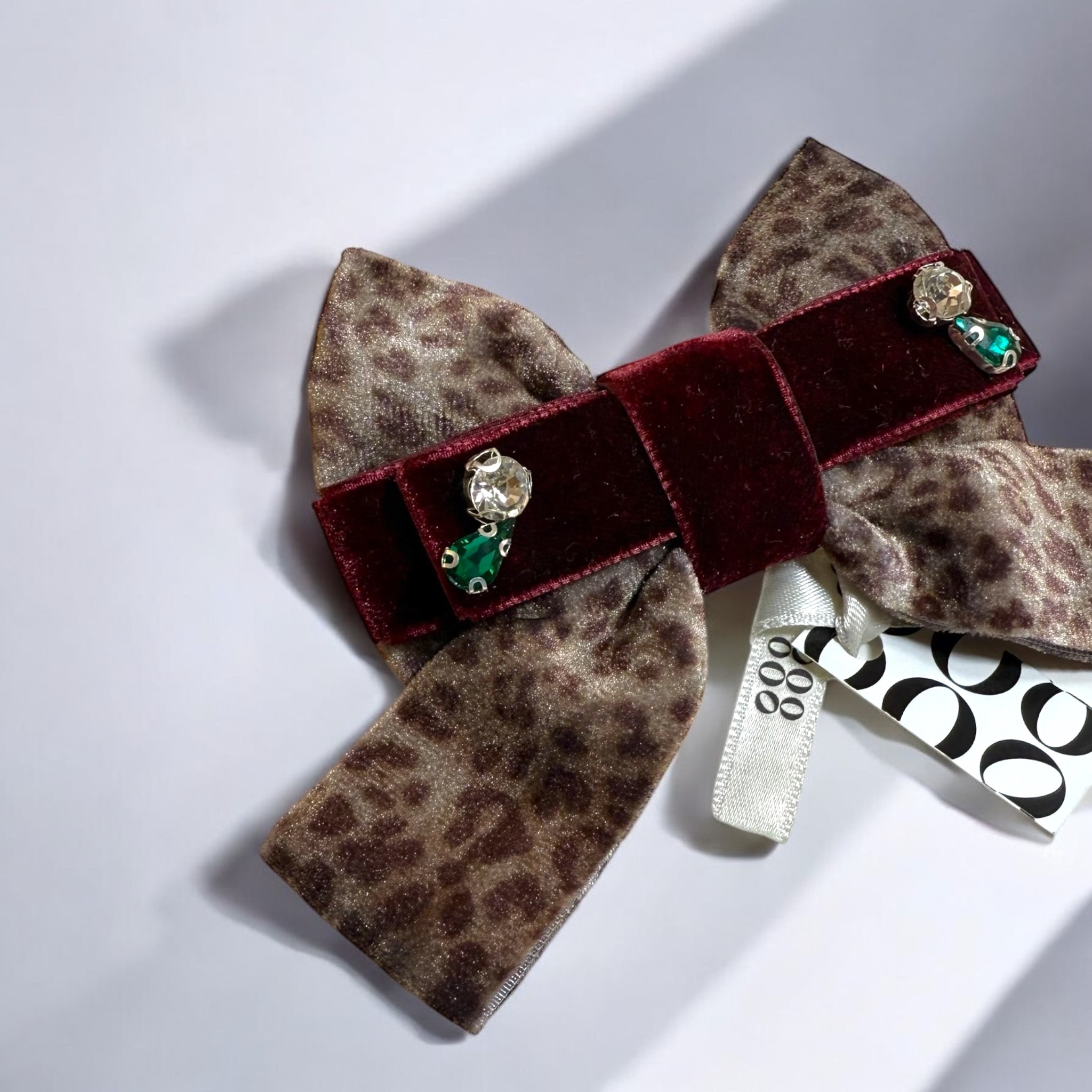 Leopar Desenli Bordo Kadife Fiyonk Toka