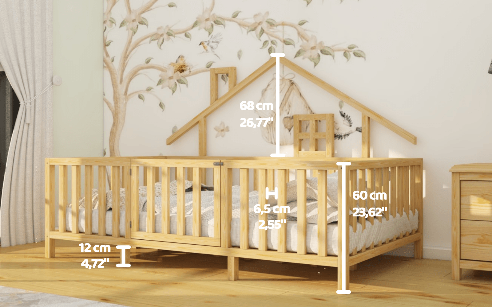 Montessori Natural Wooden Children Bed with Roof and Legs