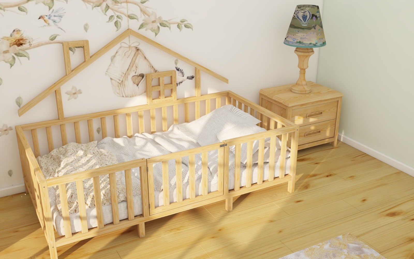 Alin - Montessori Natural Wooden Roof and Leg Children's Bed