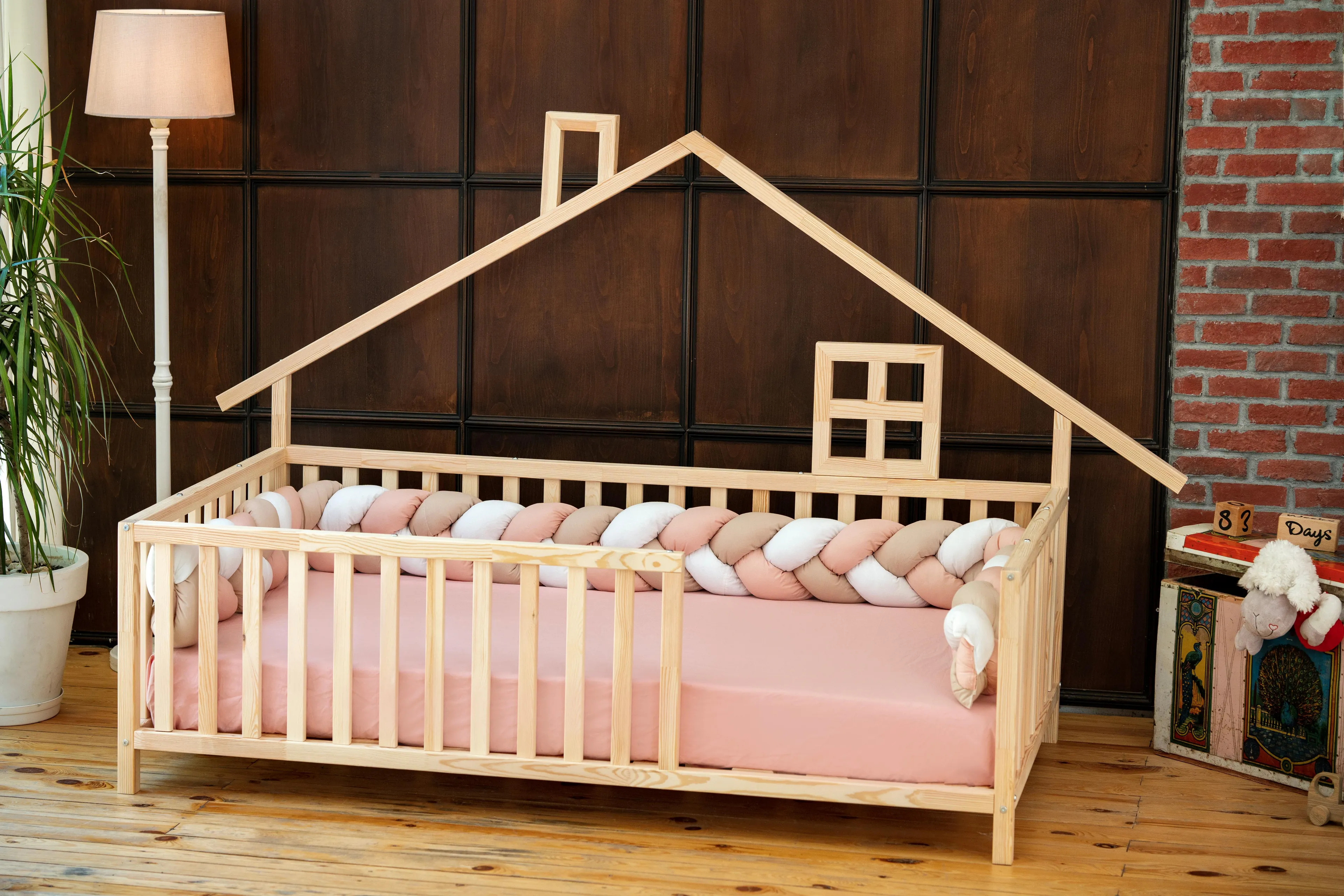 Kids Floor Bed with Natural Wooden Roof Woodandmontessori