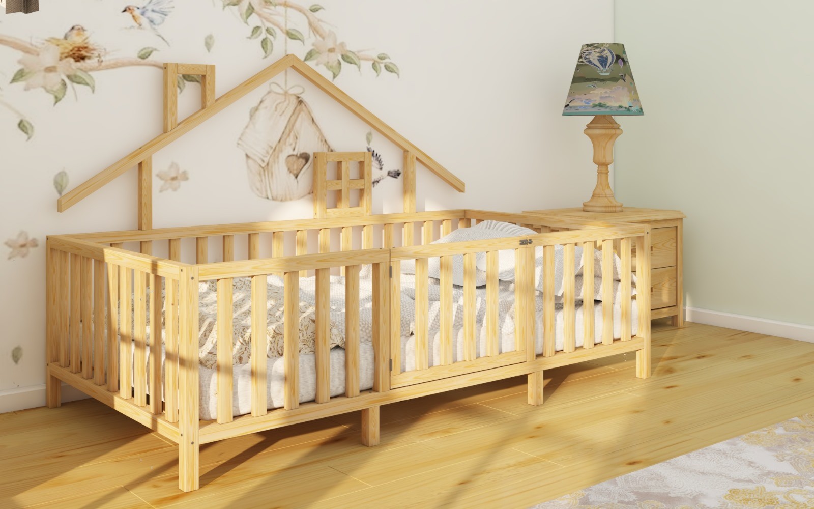 Montessori Natural Wooden Children Bed with Roof and Legs