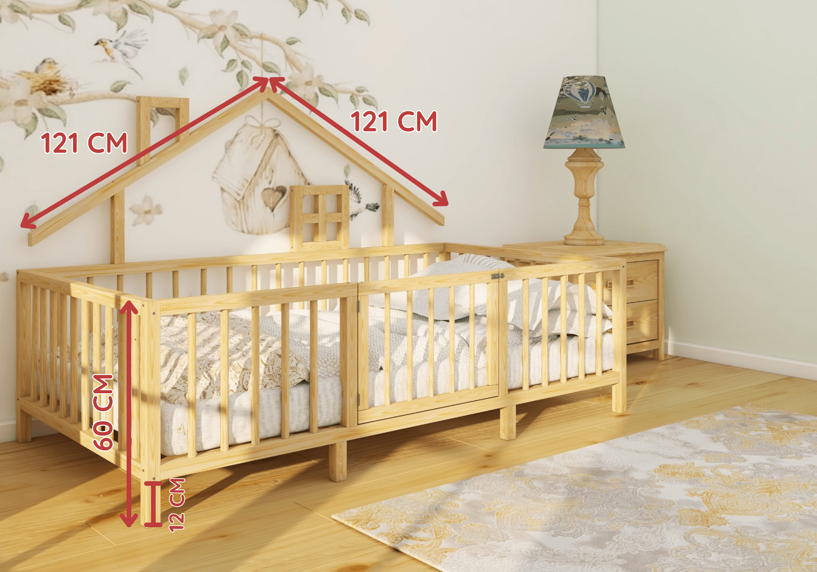 Montessori Natural Wooden Children Bed with Roof and Legs