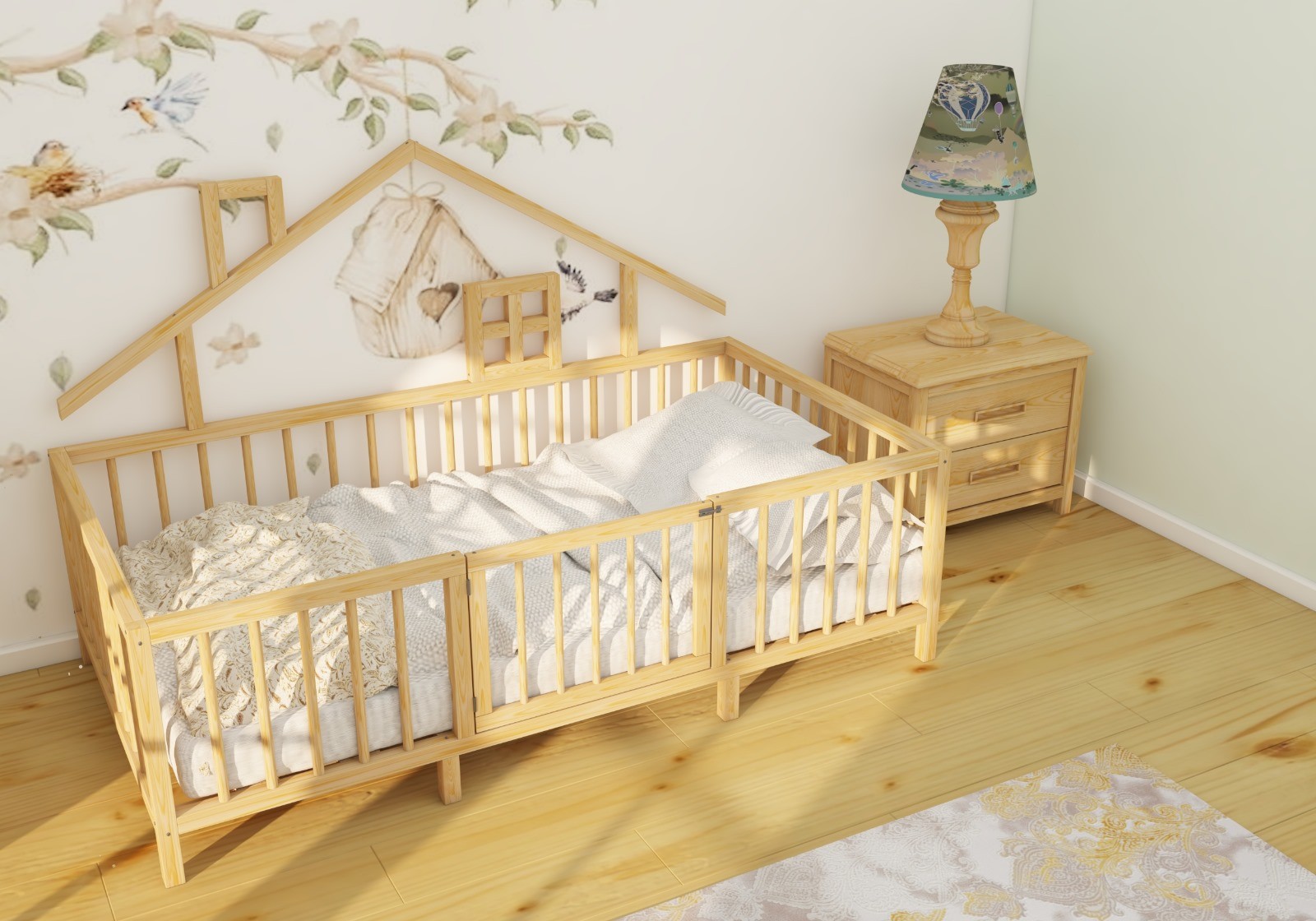 Montessori Natural Wooden Children Bed with Roof and Legs