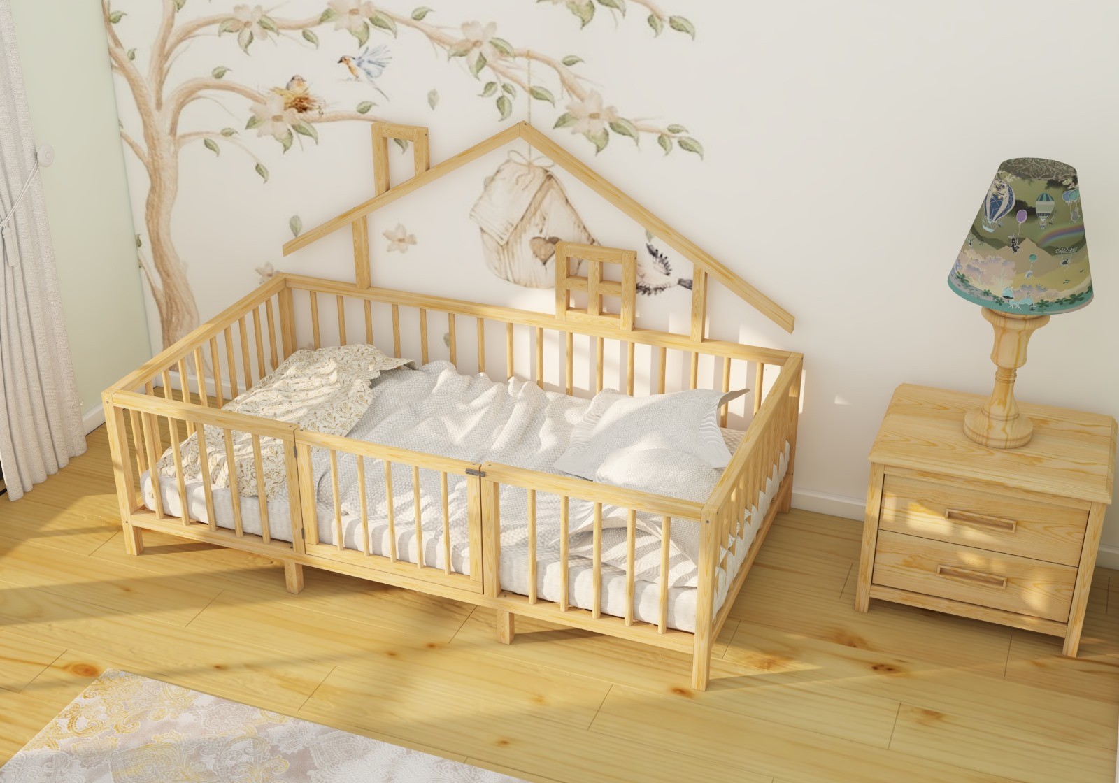 Montessori Natural Wooden Children Bed with Roof and Legs