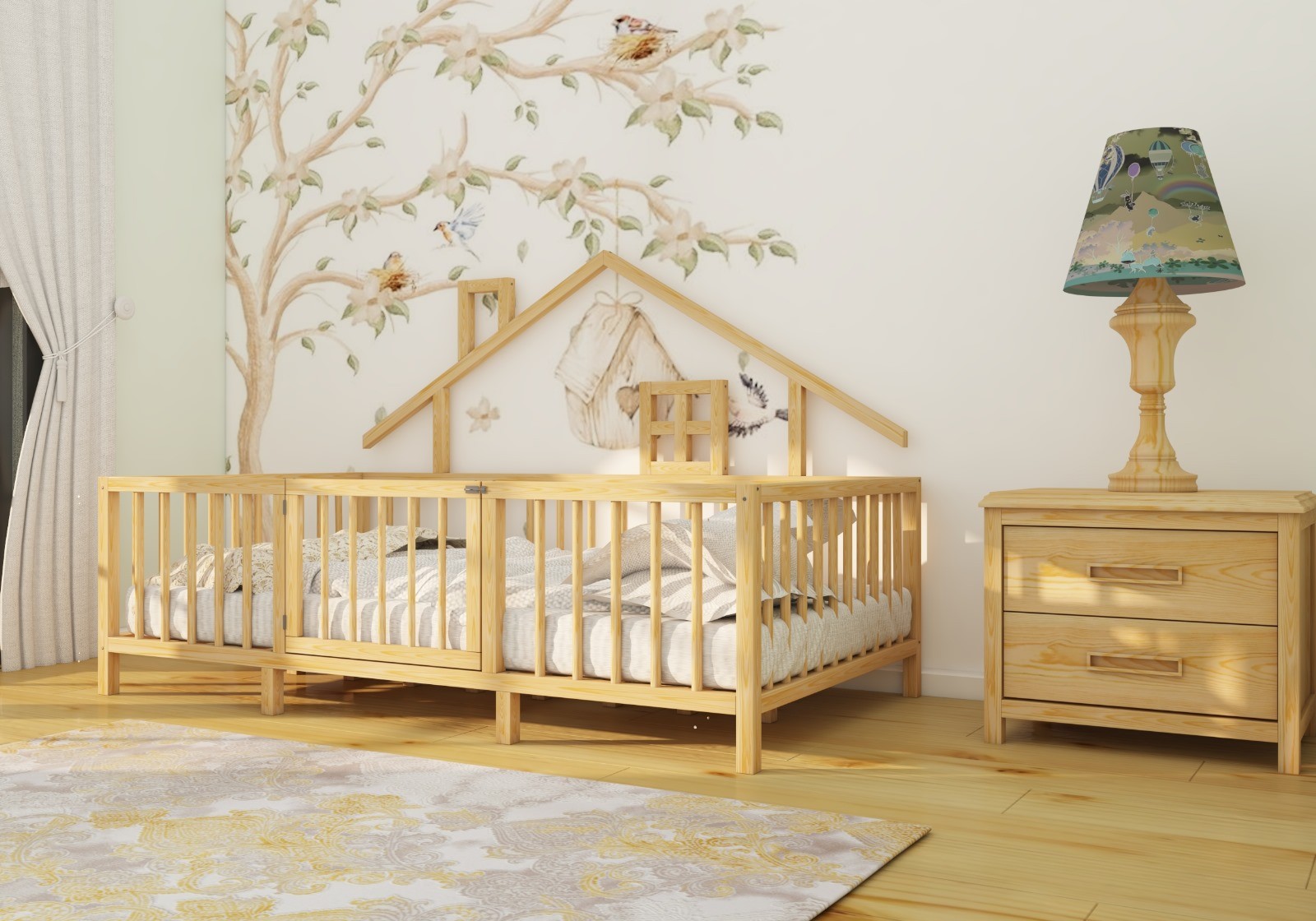 Montessori Natural Wooden Children Bed with Roof and Legs