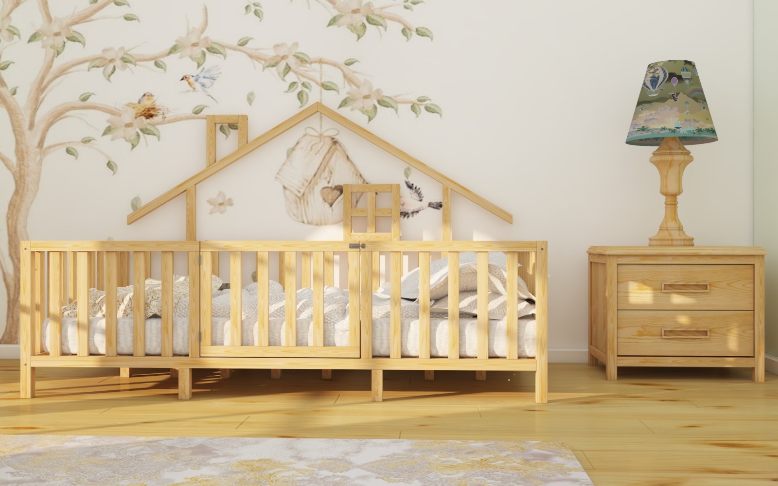 Montessori Natural Wooden Children Bed with Roof and Legs