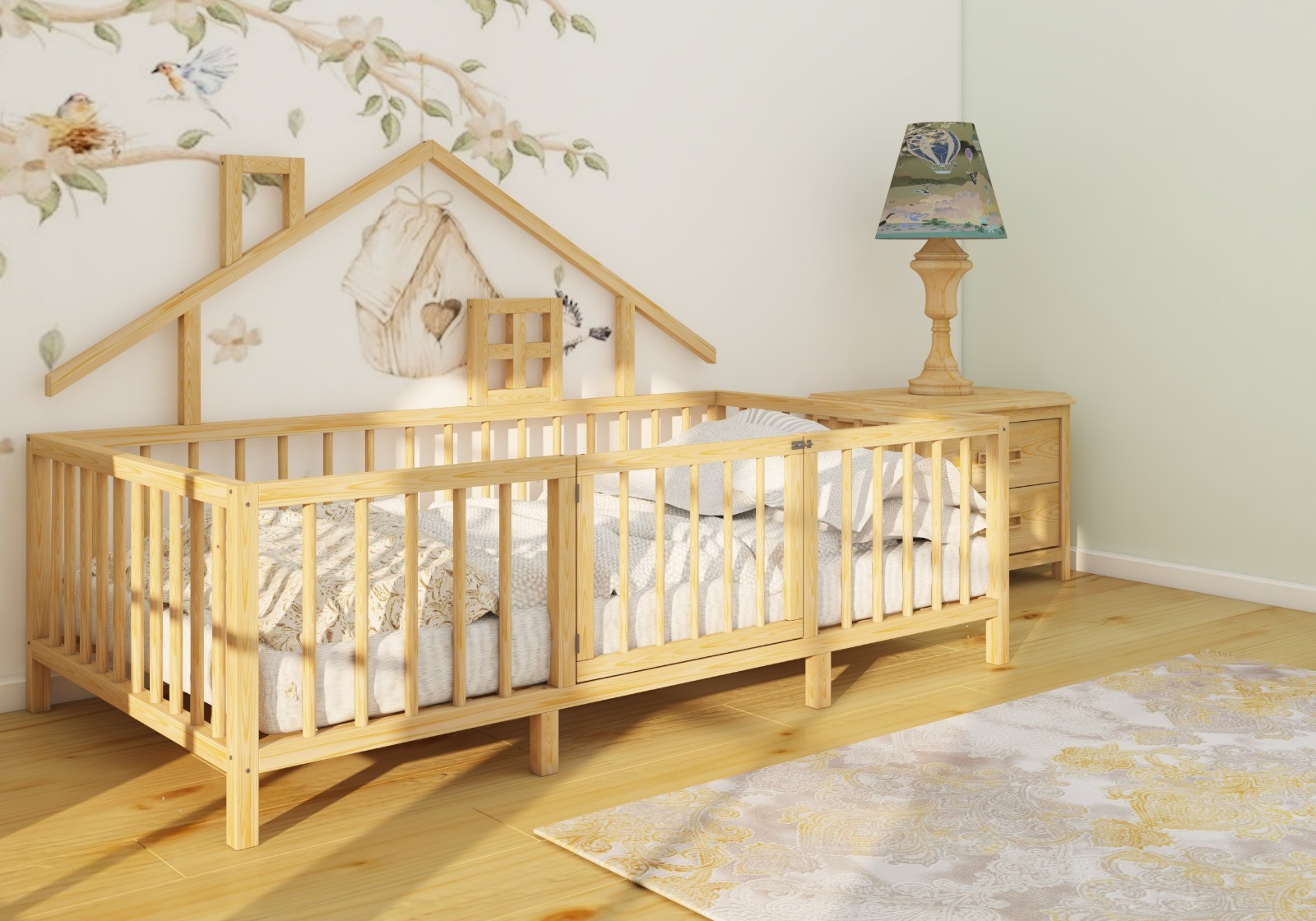 Montessori Natural Wooden Children Bed with Roof and Legs