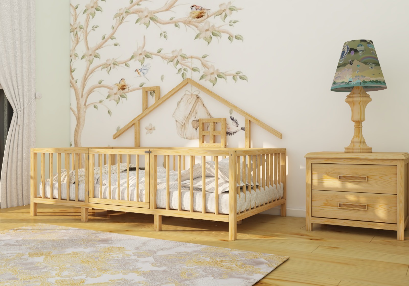 Alisa - Montessori Natural Wood Children's Bed with Rear Roof