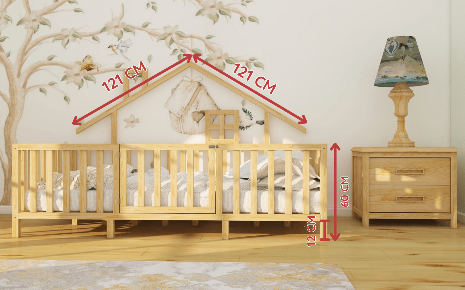 Montessori Natural Wooden Children Bed with Roof and Legs