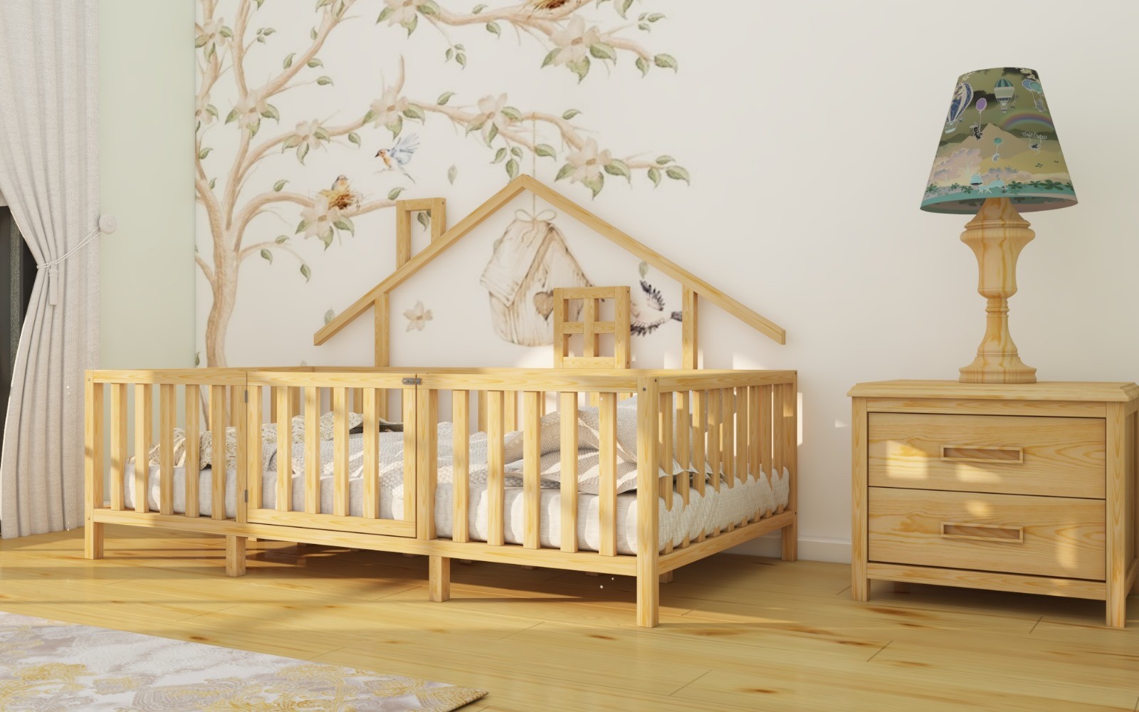 Alin - Montessori Natural Wooden Roof and Leg Children's Bed