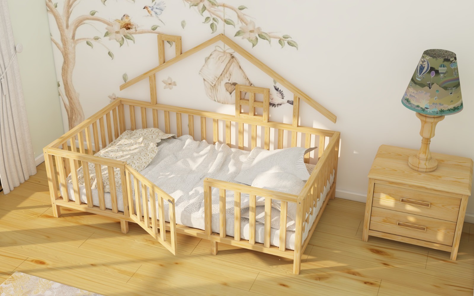 Montessori Natural Wooden Children Bed with Roof and Legs