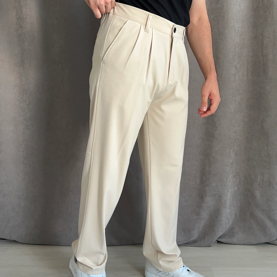 Pile Detaylı Beli Lastikli Baggy Kalıp Kumaş Pantolon - Bej