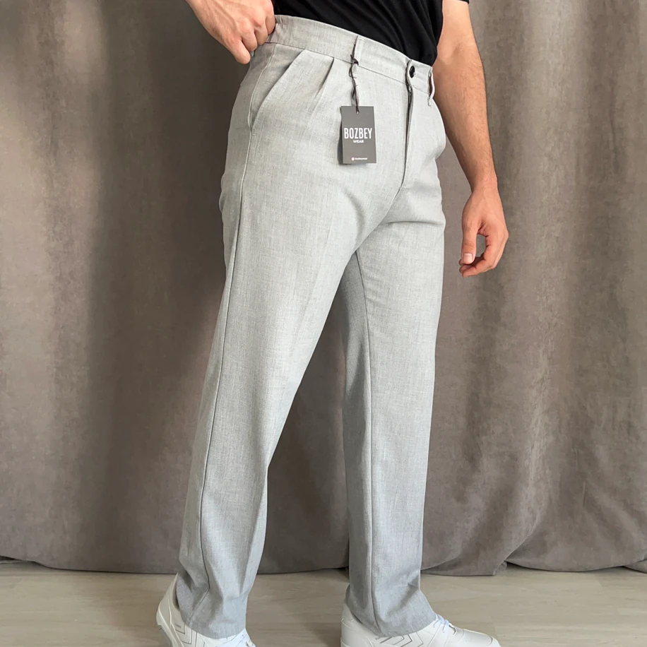 Pile Detaylı Beli Lastikli Baggy Kalıp Kumaş Pantolon - Gri