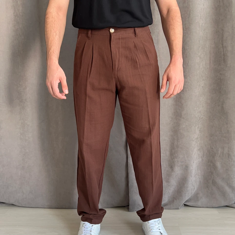 Baggy Kalıp Keten Pantolon - Kahverengi