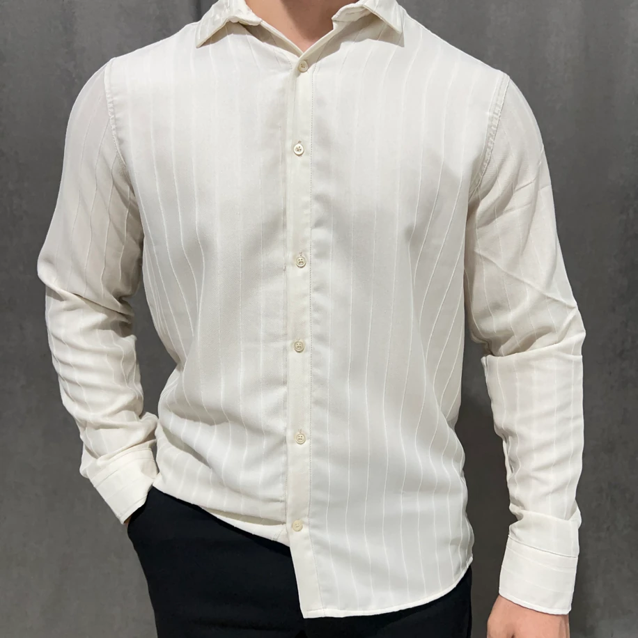 Bej Çizgili Klasik Fit Gömlek