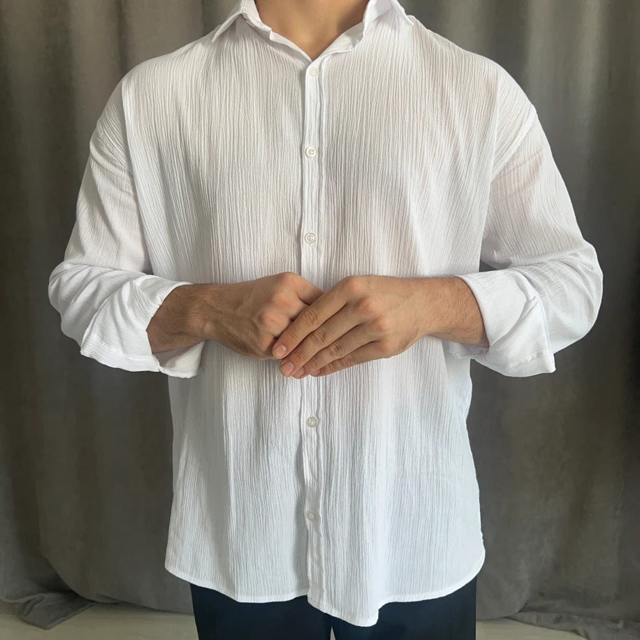 Oversize Kalıp Krinkıl Keten Gömlek- Beyaz