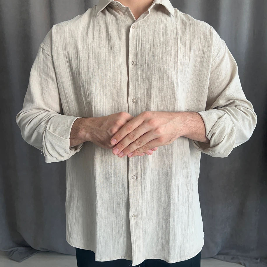 Oversize Kalıp Krinkıl Keten Gömlek - Bej