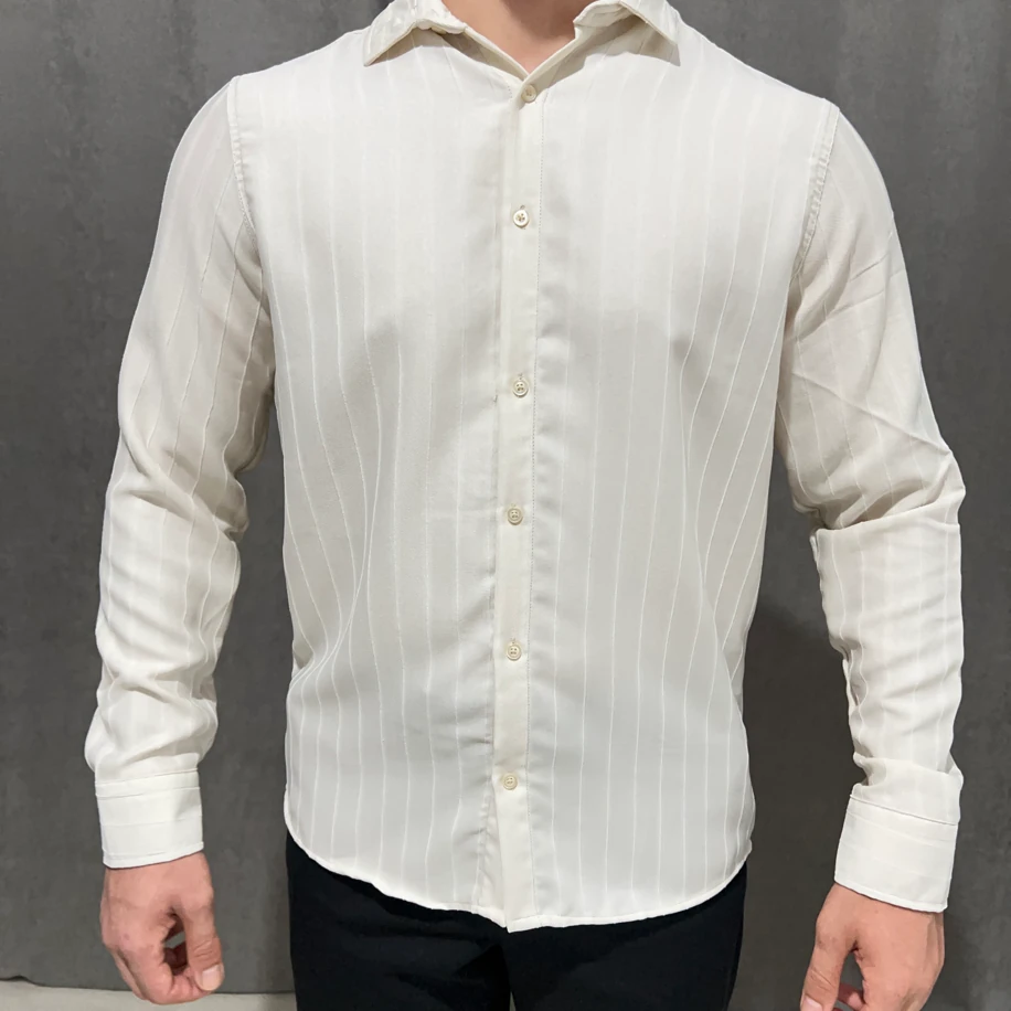 Bej Çizgili Klasik Fit Gömlek