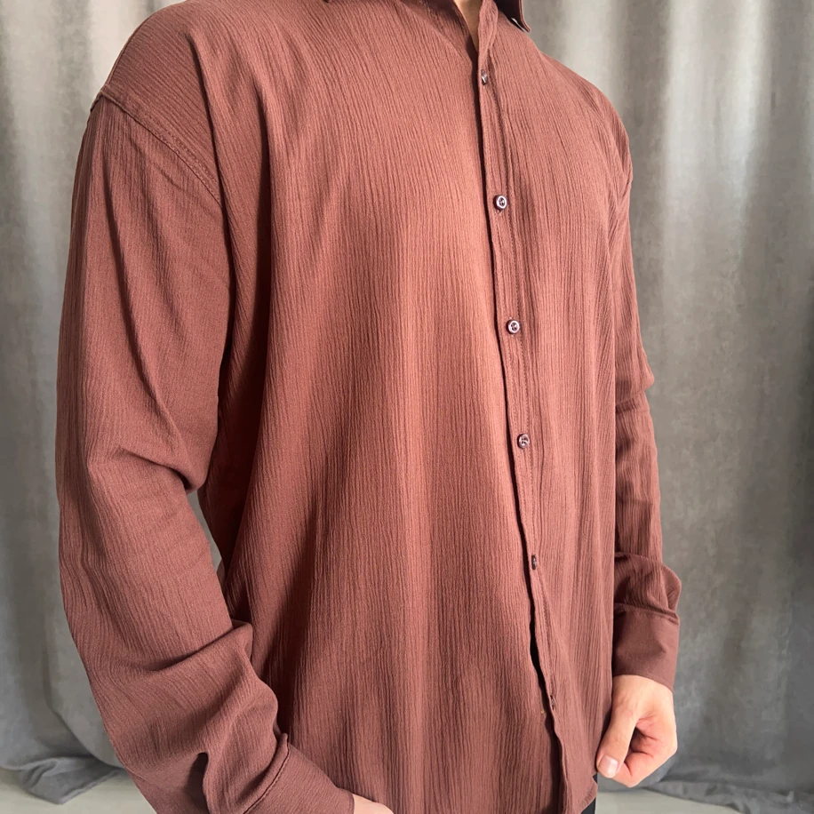 Oversize Kalıp Krinkıl Keten Gömlek - Kahverengi