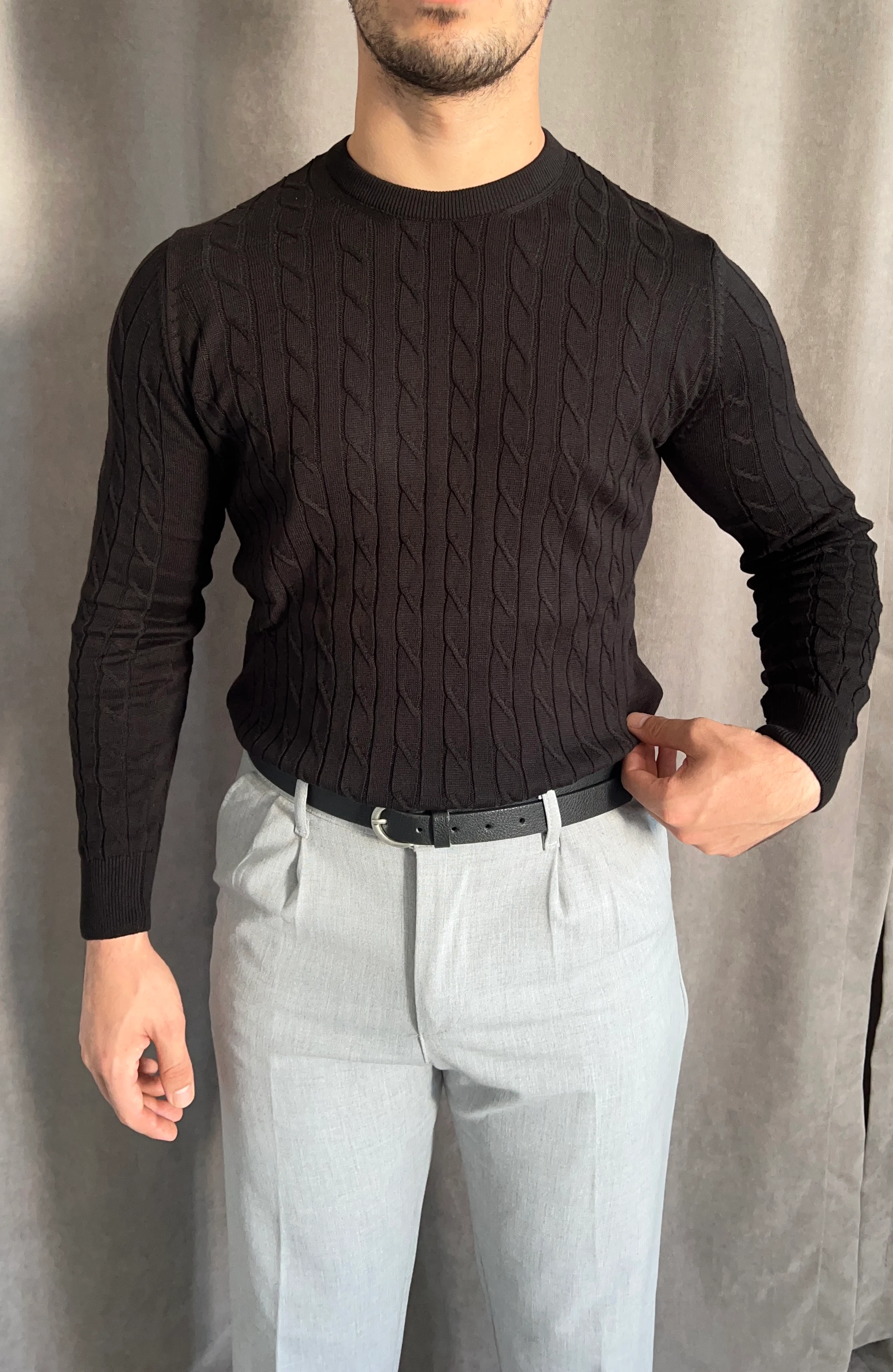 Örgü Desenli Bisiklet Yaka Triko - Bej