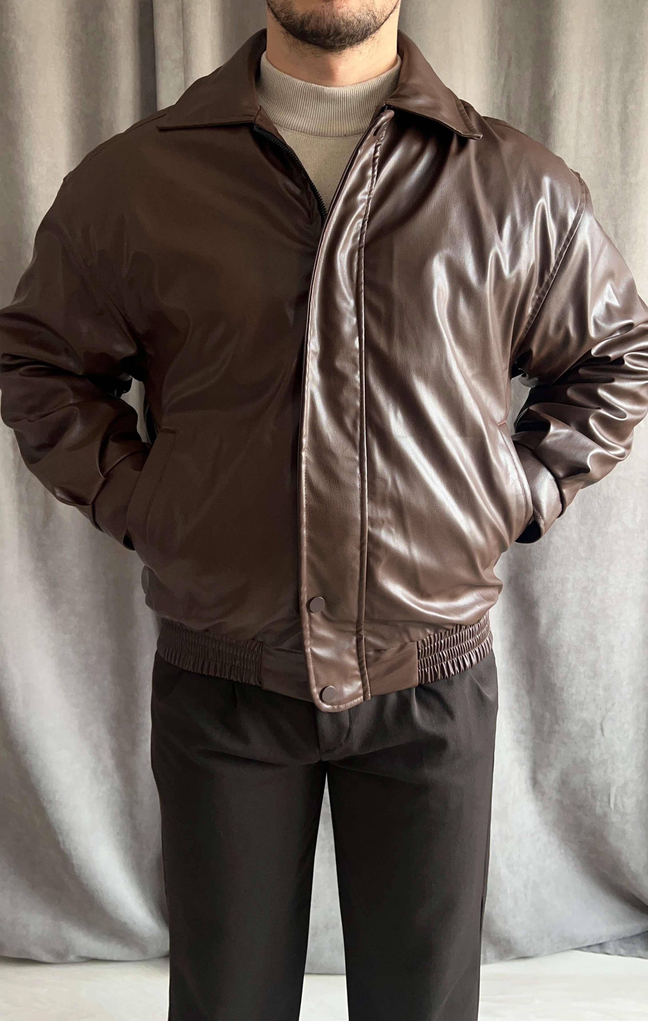 Erkek Oversize Deri Bomber Mont