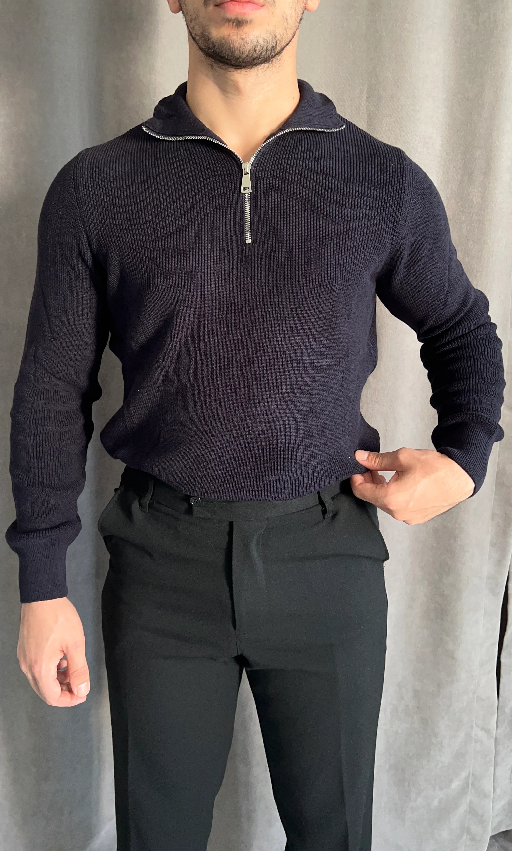 Yarım Fermuarlı Selanik Örgü Triko - Lacivert