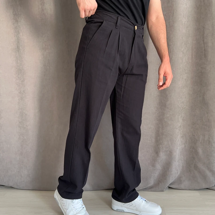 Baggy Kalıp Keten Pantolon - Siyah